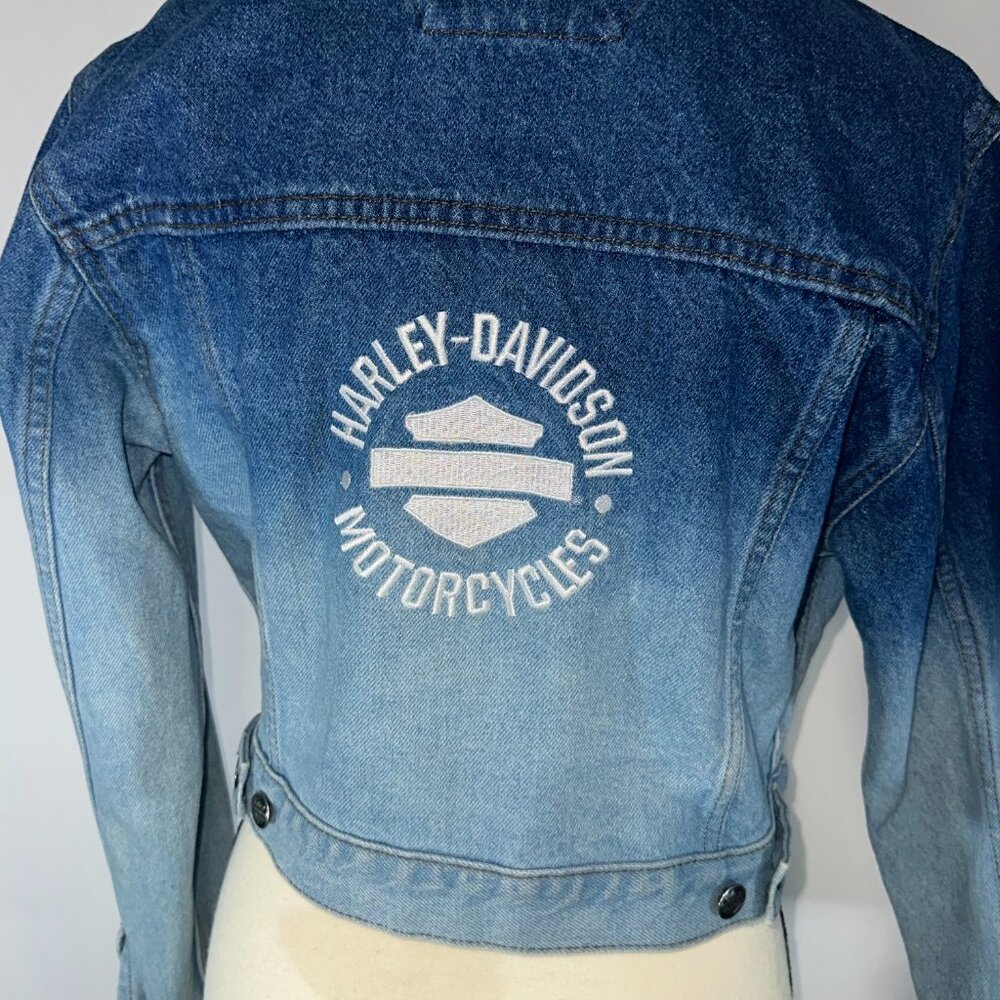 Harley Davidson Denim Cropped Ombré Jean Jacket XS Vintage Biker Motorcycle - Picture 7 of 14